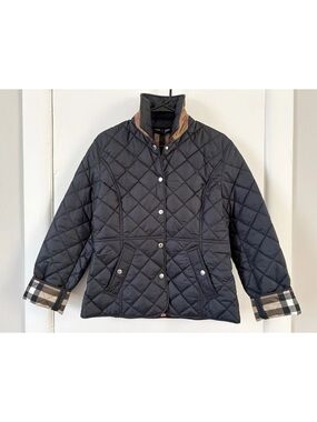 Burberry Fitted Navy Blue Black Brown Signature Check Quilted Jacket Coat Medium